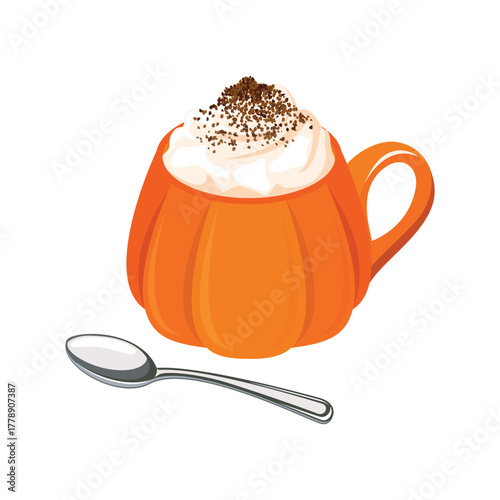 Orange pumpkin shaped ceramic mug vector illustration. Pumpkin spice latte with whipped cream icon isolated on a white background. Autumn hot drink drawing. Cup of coffee and teaspoon vector
