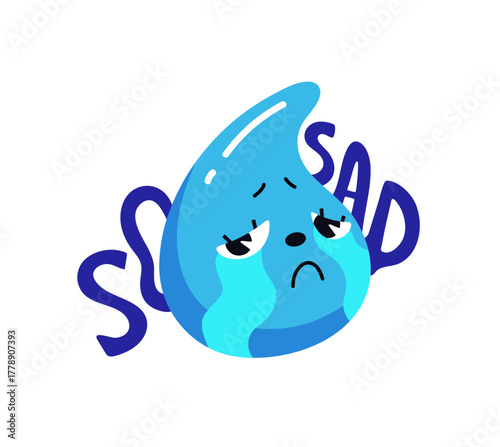 Sad blue drop is crying. Depressed emoji with tears on face. Upset emoticon is sobbing. Weeping character with unhappy emotion, facial expression. Flat isolated vector illustration on white background