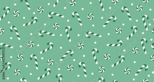 Candy cane seamless pattern. Green and white striped candy canes pattern. Season greetings wallpaper. New year background