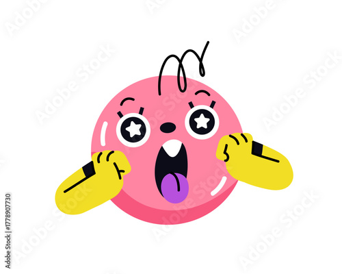 Round character is surprised, gesturing. Cute emoji with amazed emotions on face. Circle emoticon with astonished, wondering facial expression. Flat isolated vector illustration on white background