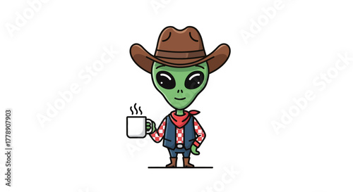 Cartoon alien cowboy enjoys a morning coffee break in a stylized illustration