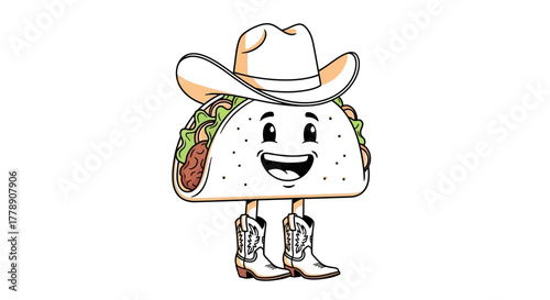 A cheerful cartoon taco character sporting a cowboy hat and boots on a white background