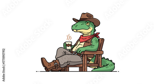 Cartoon alligator cowboy enjoying a coffee break, relaxing in a chair illustration