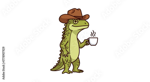 Cartoon reptile in a cowboy hat enjoying a hot beverage a whimsical illustration