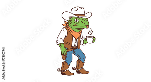 Lizard cowboy sipping hot coffee, western reptile wearing a hat and bandana with holster, old west