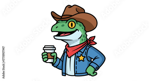 Cartoon lizard cowboy sheriff with coffee, isolated, digital illustration design graphic