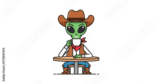 A cartoon alien with cowboy attire enjoys coffee at a table in a quiet isolated scene