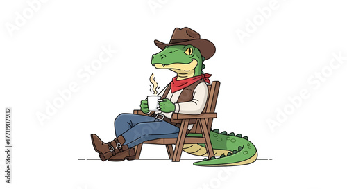 Cartoon crocodile cowboy enjoying a quiet coffee break in a rustic wooden chair