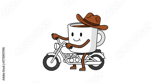 Coffee Cup Cowboy Rides Motorcycle in Cartoon Illustration, A Unique and Quirky Character Mascot