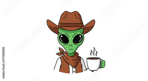 An adorable alien character wearing a cowboy hat and drinking a steaming mug