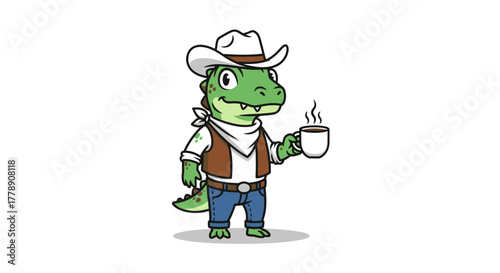 Cartoonish Alligator Cowboy Drinking Coffee in a Humorous and Charming Style