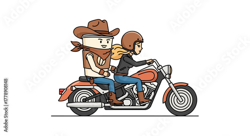 Coffee Cowboy and Biker Girl ride Motorcycle, a humorous cartoon character graphic design