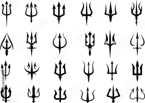 Trident silhouette collection, black vector icons, mythological weapon shapes, fantasy pitchfork symbols, Poseidon Neptune graphics, flat design set - flat vector illustration