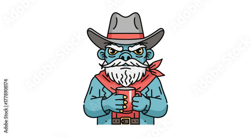 Cartoonish blue cowboy character with stern expression holding a coffee mug illustration