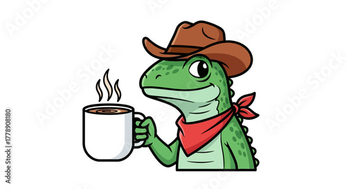 Cartoon reptilian cowboy enjoying a steaming beverage illustration offering humor