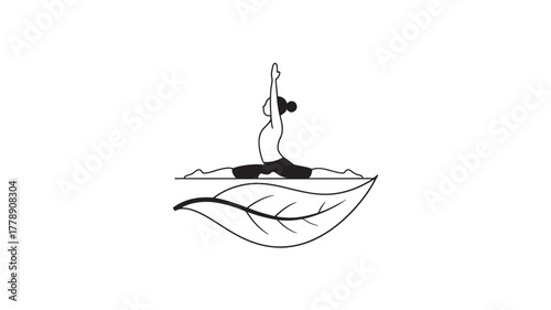 Minimalist yoga pose illustration woman in split position on leaf vector design for wellness and fitness concepts