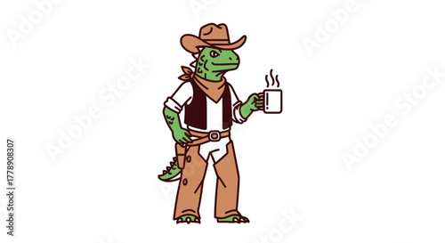 Illustration of a cowboy lizard with a steaming cup standing in a white background