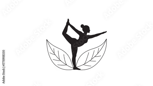 Silhouette of a woman in a yoga pose standing on a leaf vector illustration for wellness and relaxation concepts