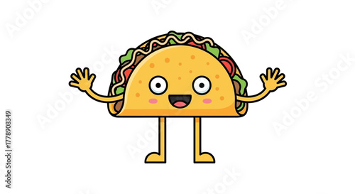 A cheerful taco character with outstretched arms ready to deliver tasty delight to you