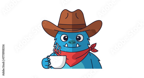 Whimsical blue monster cowboy enjoying a hot beverage with a white backdrop