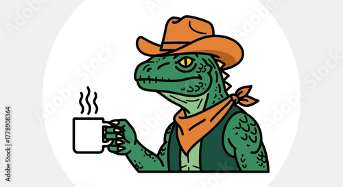 Dino Cowboy enjoys hot beverage: An illustration of a reptilian cartoon character wearing a cowboy