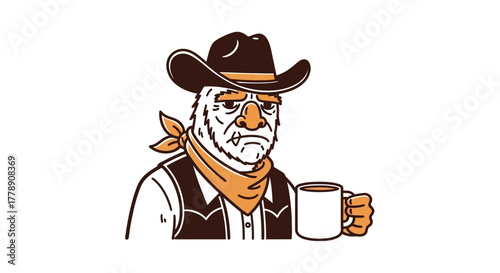 Cartoon cowboy character with a stern expression holding a mug on white background