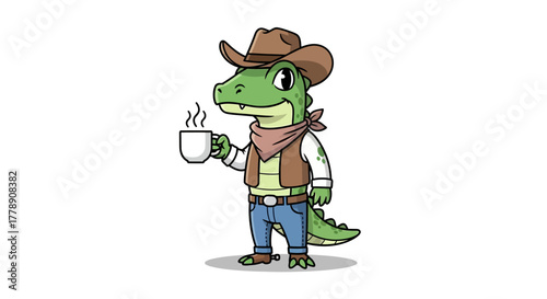Cartoon alligator cowboy sipping morning coffee vector design in isolated white background