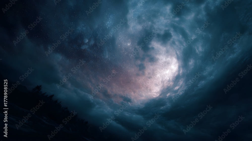 Fototapeta premium Dramatic stormy sky with swirling clouds and cosmic stars forming a celestial vortex