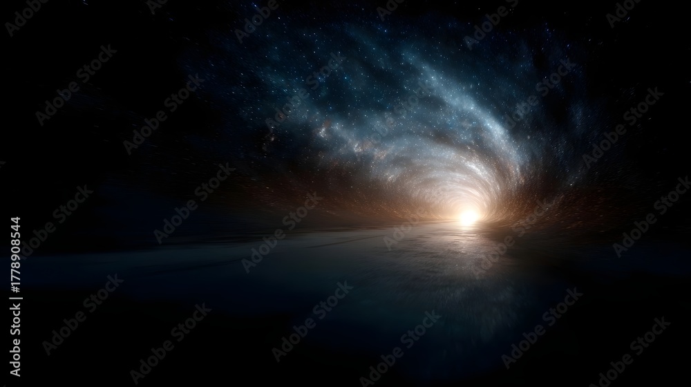 Fototapeta premium A bright light emanates from the end of a swirling cosmic tunnel with stars and cosmic dust creating a dramatic vortex