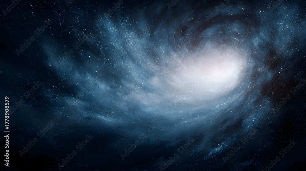 Fototapeta premium A swirling blue and white nebula with a bright center and distant stars in deep space