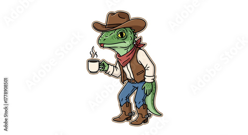 Cartoon lizard cowboy with coffee cup, western style for children's illustration