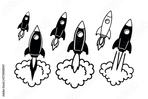 Multiple rockets launching with smoke clouds