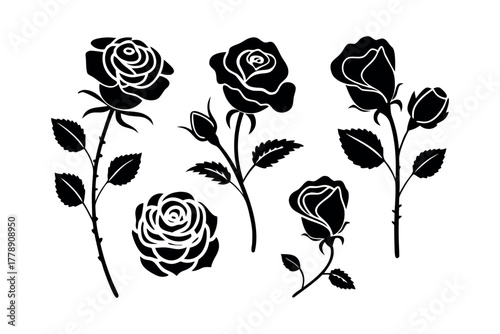 Collection of Black Rose Silhouettes with Stems and Leaves