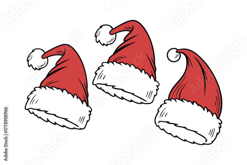 Three Santa Claus Hats Scattered on White