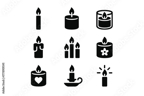 Candle flame silhouette icon set. featuring tall, round, scented, decorative, heart, floral, and vintage styles
