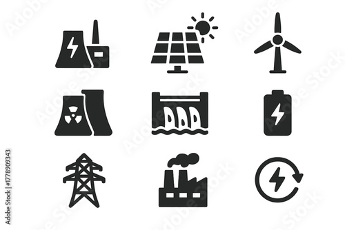 Power and energy silhouette icon set. featuring plant, solar panel, wind turbine, nuclear, hydro, battery, factory, and renewable