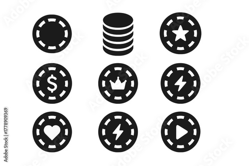 Casino items silhouette icon set. featuring poker chip, coin stack, star, dollar, crown, lightning, heart, and play symbols
