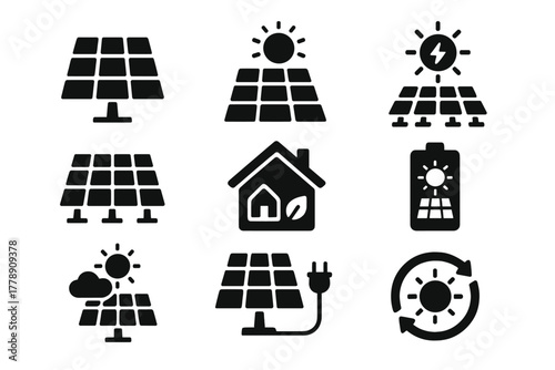 Renewable energy silhouette icon set. featuring solar panel, eco house, battery, and sun symbols