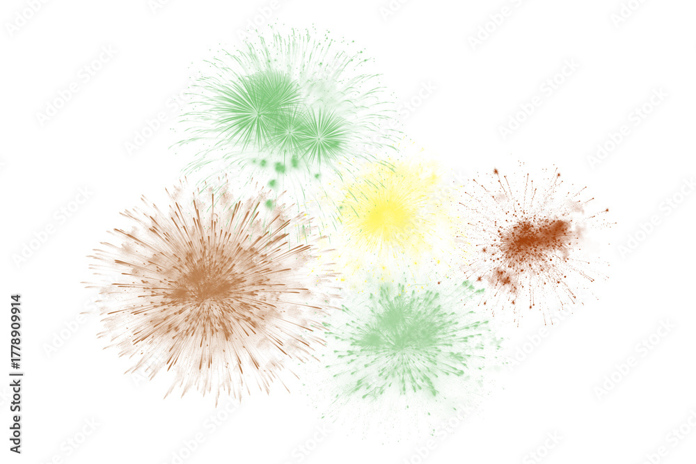 Fototapeta premium Firework splatters in earthy and light green tones on black