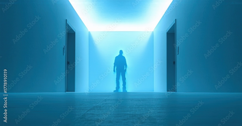 Obraz premium Man stands between doors. Bright light illuminates hallway. Blue tones dominate composition, creating surreal effect. Minimalist scene.