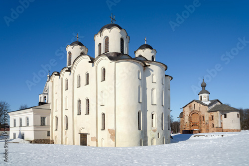 Two ancient churches in the historical center. Veliky Novgorod, Russia