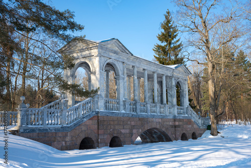 View on the old Marble Bridge on a winter morning. Catherine Park, Tsarskoye Selo. Russia