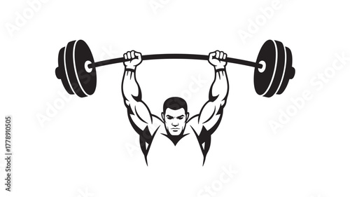 Weightlifter lifting barbell overhead strong muscular man in vector illustration isolated on white background