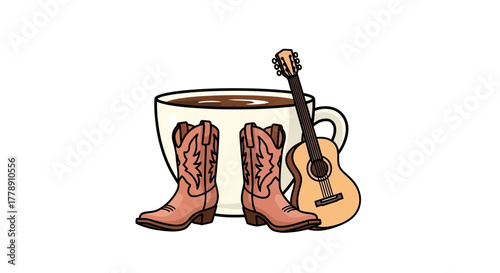A Charming Cartoon Illustration Featuring Cowboy Boots, Coffee, and a Guitar