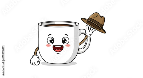 Delightful coffee character holding a stylish hat, a whimsical illustration bringing joy and