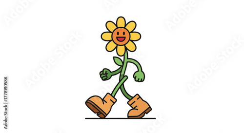 Illustration of a cheerful anthropomorphic sunflower character walking with vibrant colors and a