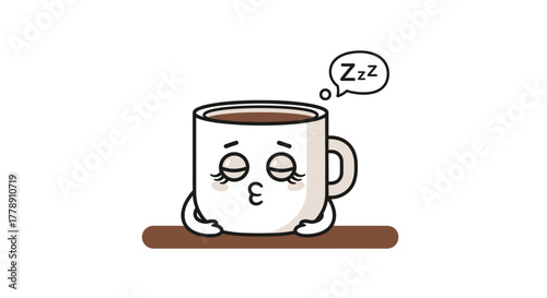 Sleepy beverage illustration, a cartoon coffee mug character sleeping with zzz in speech bubble