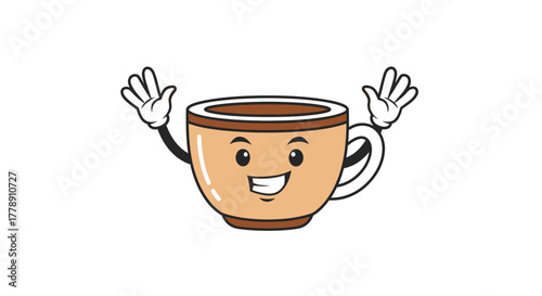 Cheerful cartoon coffee cup mascot waving with a friendly smile against white backdrop