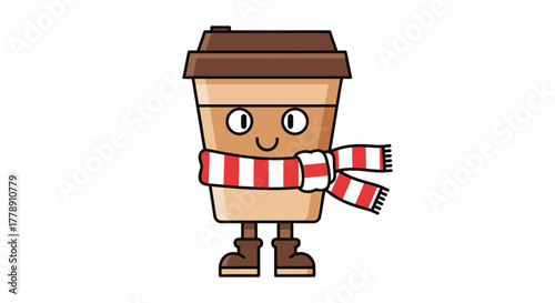 Charming coffee cup character with scarf in vector illustration for design projects