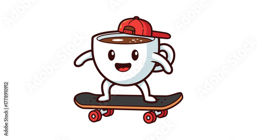 Cool coffee cup character with cap riding skateboard isolated on white background
